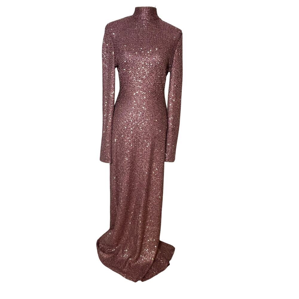 St. John pink sequins long sleeve mock neck  stretch bodycon knit gown sz 14